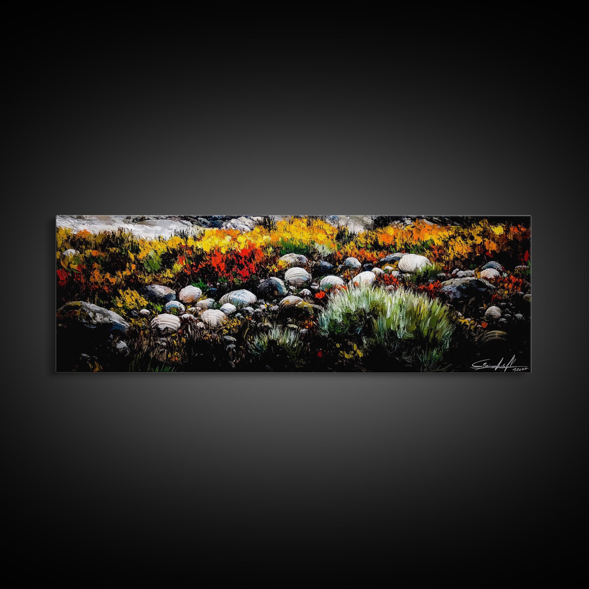 Rocky Shoreline, Wildflowers, Coastal Landscape, Framed Canvas Print, Autumn Beach Scene, Rustic Nature Painting, Entryway Wall Art