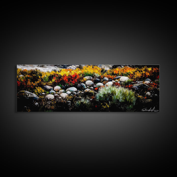 Rocky Shoreline, Wildflowers, Coastal Landscape, Framed Canvas Print, Autumn Beach Scene, Rustic Nature Painting, Entryway Wall Art