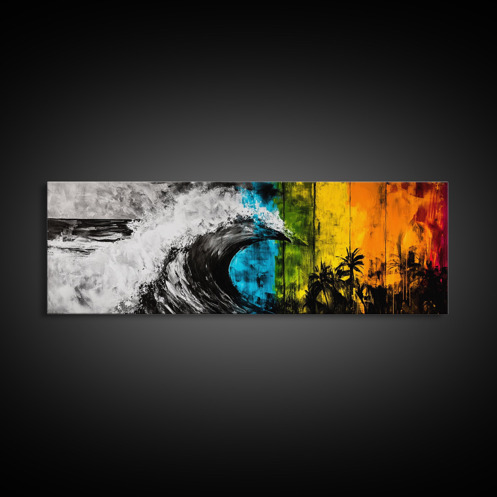 Ocean Wave Painting, Coastal Wall Art, Beach Sunset Decor, Tropical Nature Print, Vibrant Abstract Art, Framed Canvas Print