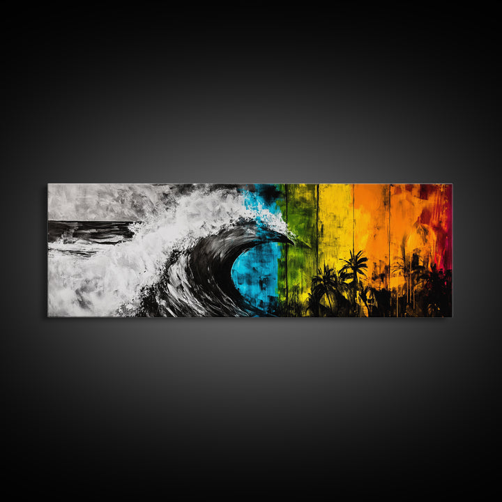 Ocean Wave Painting, Coastal Wall Art, Beach Sunset Decor, Tropical Nature Print, Vibrant Abstract Art, Framed Canvas Print