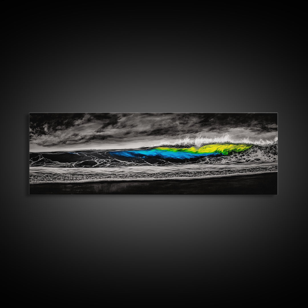 Black, White, Wave, Framed Canvas Print, Surf Wall Art, High Contrast Ocean Scene, Modern Coastal Decor, Contemporary Wave Painting, Monochrome