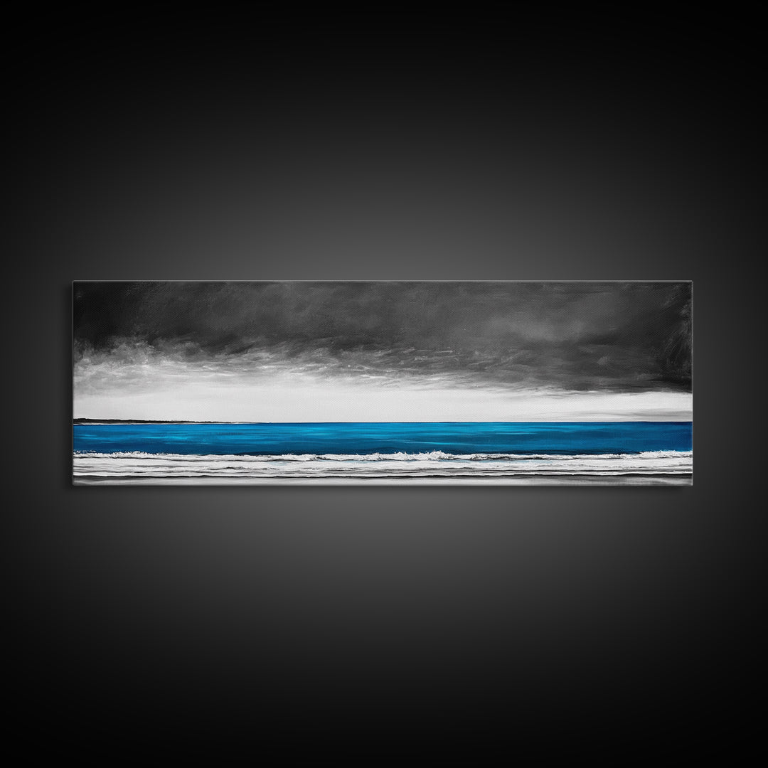 Blue Ocean, Moody Seascape, Coastal Wall Art, Minimalist Beach Scene, Black and White Decor, Framed Canvas Print, Bathroom Wall Art