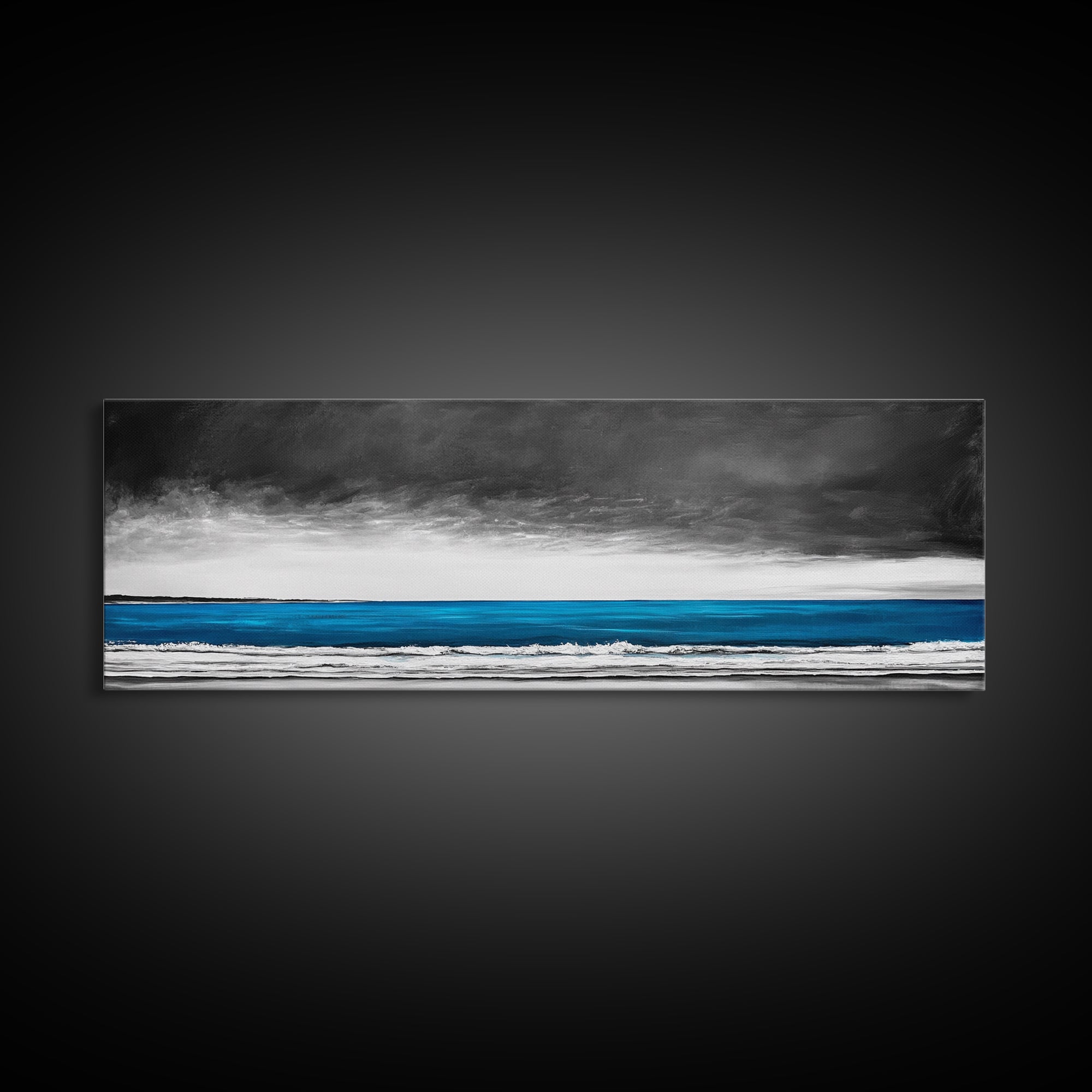 Blue Ocean, Moody Seascape, Coastal Wall Art, Minimalist Beach Scene, Black and White Decor, Framed Canvas Print, Bathroom Wall Art