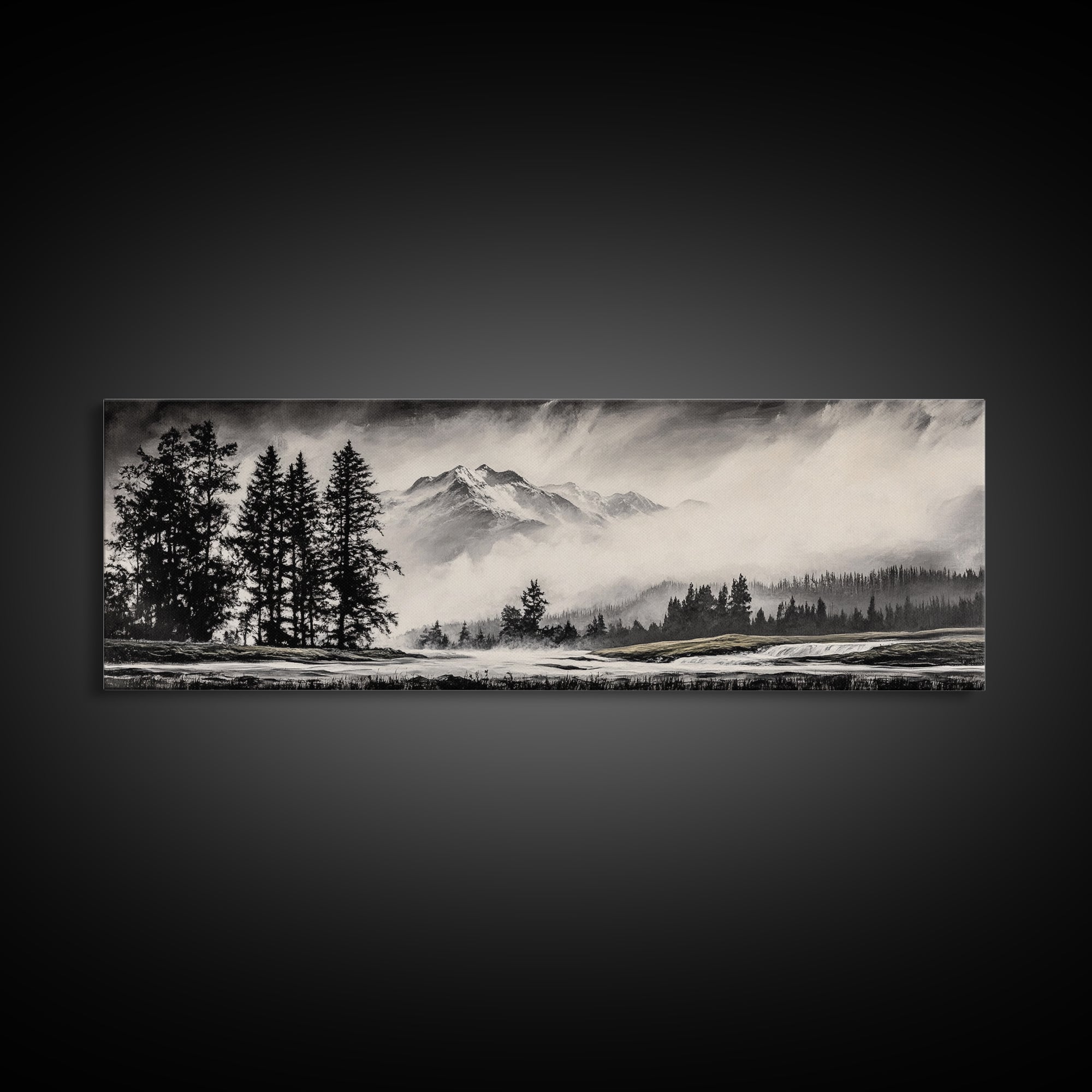 Mountain, Misty Landscape, Black and White, Forest, Framed Canvas Print, Large Wall Art, Minimalist Art, Modern Home Decor, Bedroom Wall Art