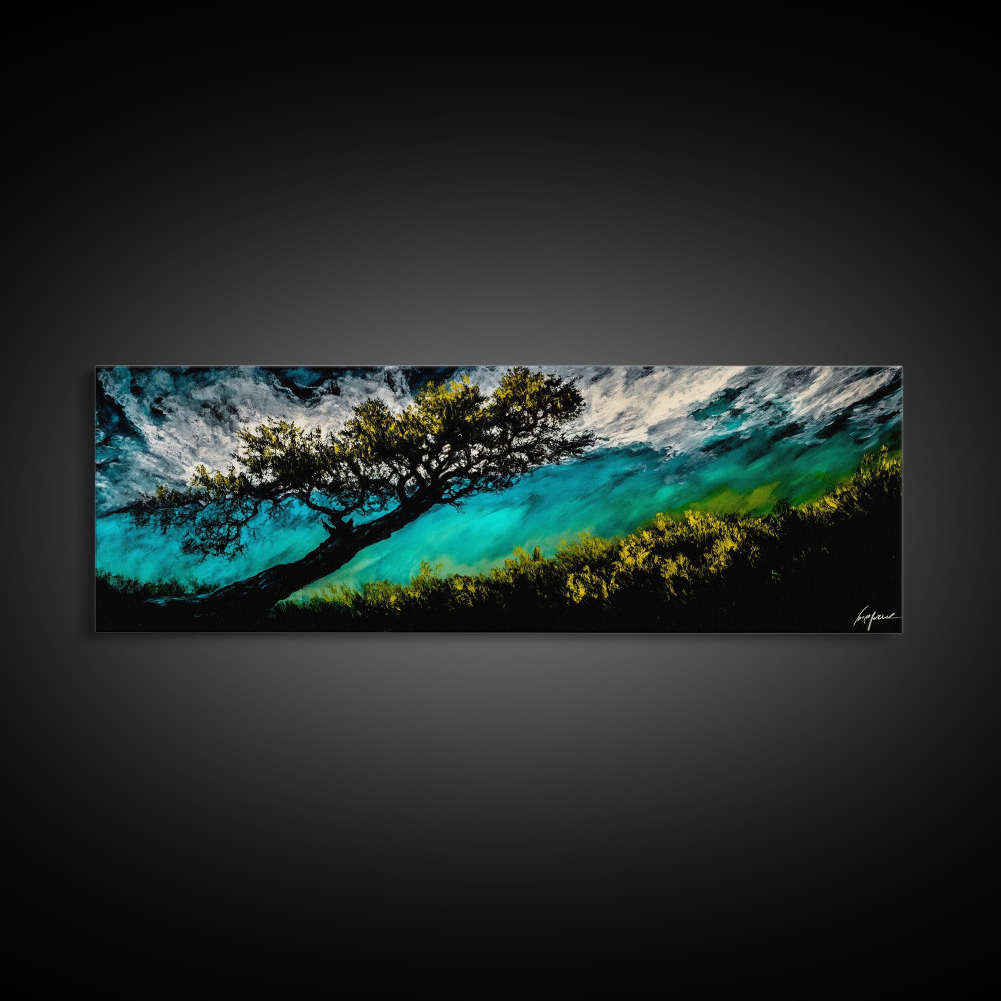 Abstract, Windy Tree, Coastal, Storm, Framed Canvas Print, Moody Wall Art, Large Wall Art, Nature Art, Modern Home Decor, Living Room Wall Art