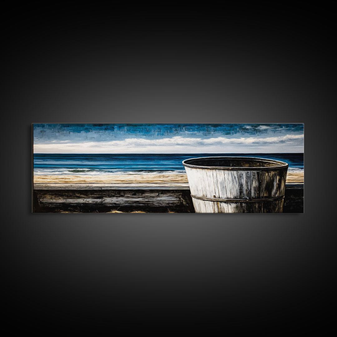 Beach Barrel, Nautical Wall Art, Coastal Home Decor, Canvas Print, Ocean Blue Wall Art, Rustic Seaside, Living Room Decor, Beach House Art