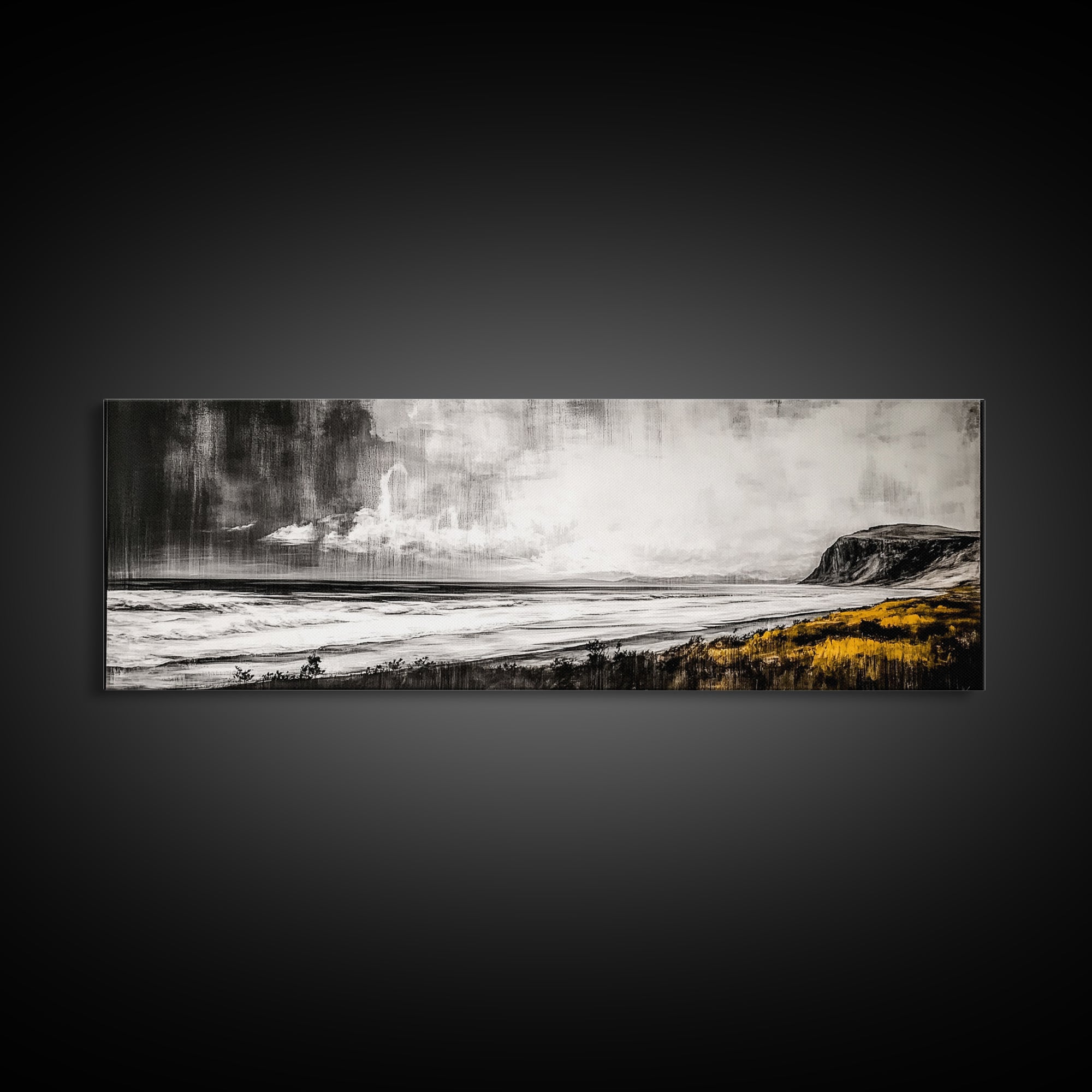 Rainy Coast, Moody Seascape, Black and White Art, Framed Canvas Print, Minimalist Wall Art, Beach House Decor, Ocean Landscape, Large Art