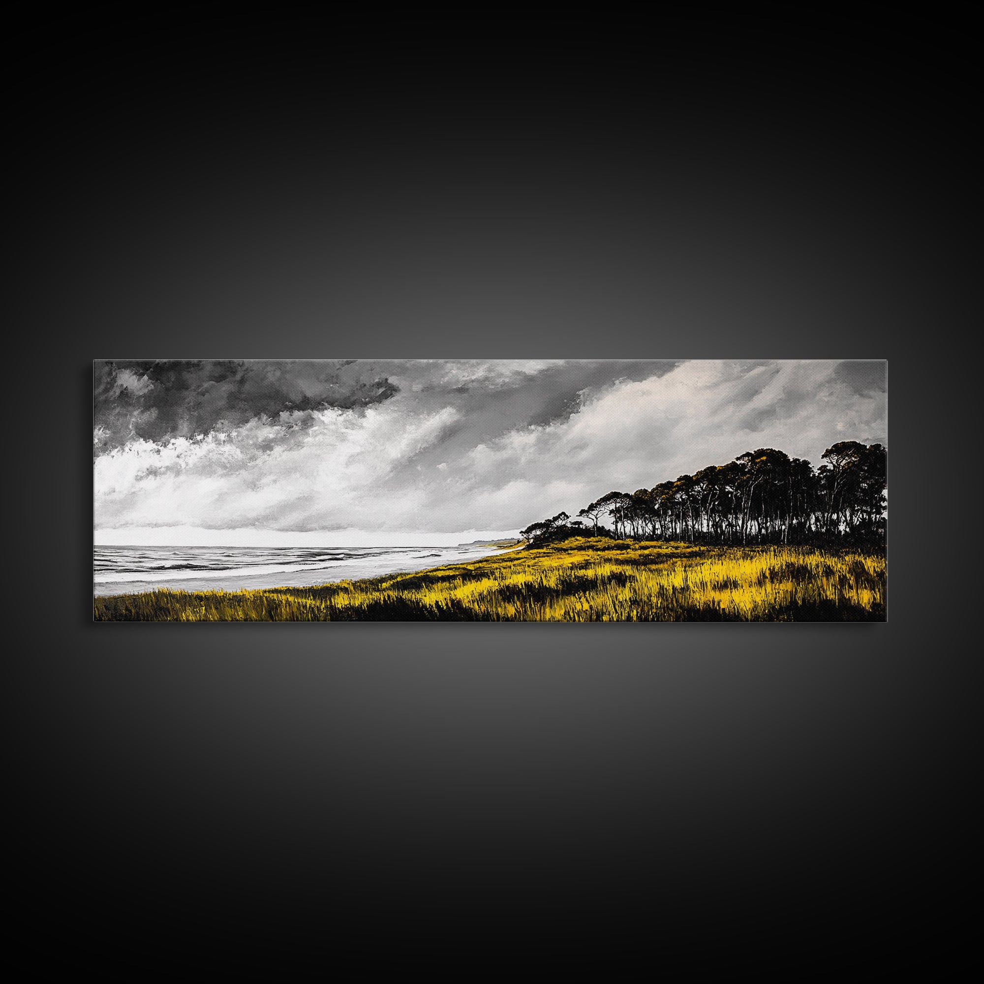 Coastal Serenity, Yellow Field, Stormy Sky, Canvas Print, Ocean Landscape, Beach House Art, Modern Nature Painting, Living Room Wall Decor