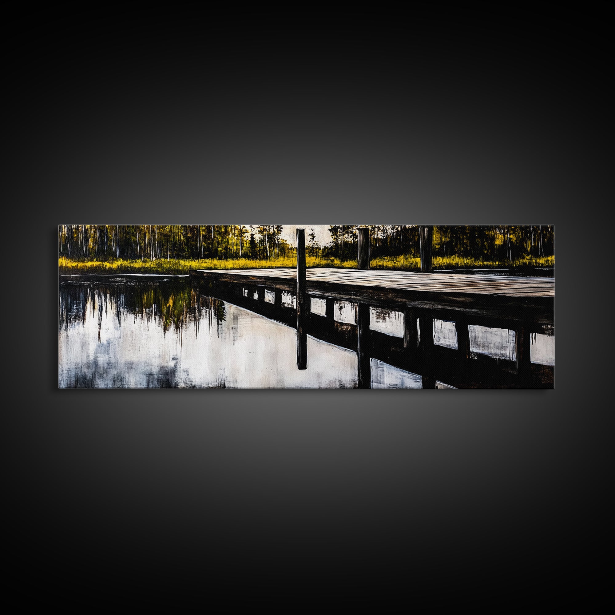 Lakeside Dock, Reflection Art, Serene Water, Framed Canvas Print, Tranquil Nature Scene, Rustic Cabin Decor, Woodland Wall Art, Large Art