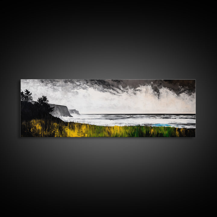 Cliffside View, Misty Ocean, Yellow Grass, Canvas Print, Coastal Landscape, Fall Wall Art, Nature Painting, Living Room Home Decor