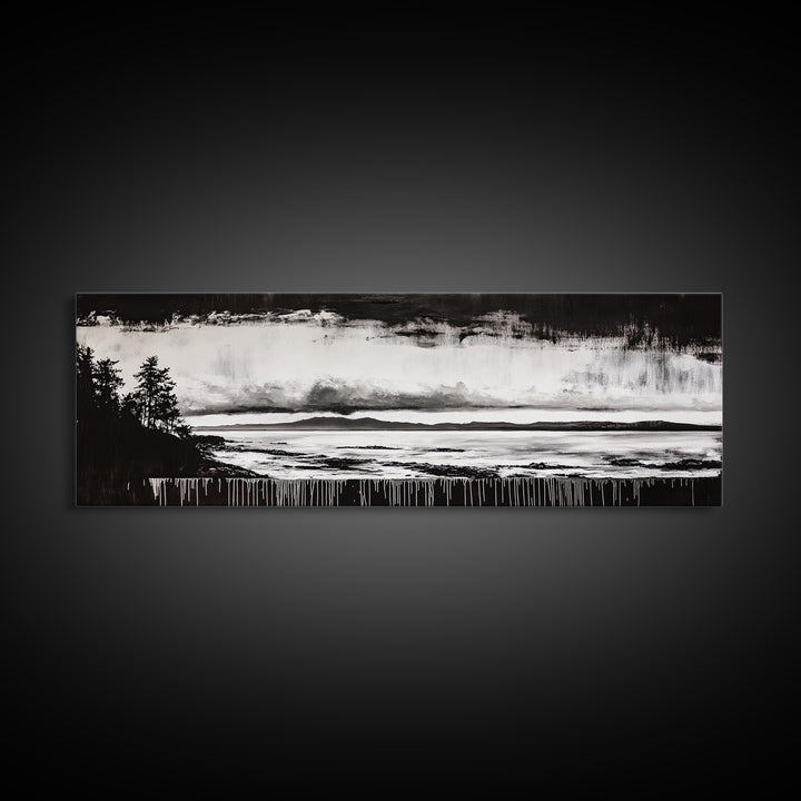 Black White Seascape, Ocean Storm, Dramatic Sky, Framed Canvas Print, Minimalist Art, Coastal Wall Decor, Office Accent, Nautical Home Art