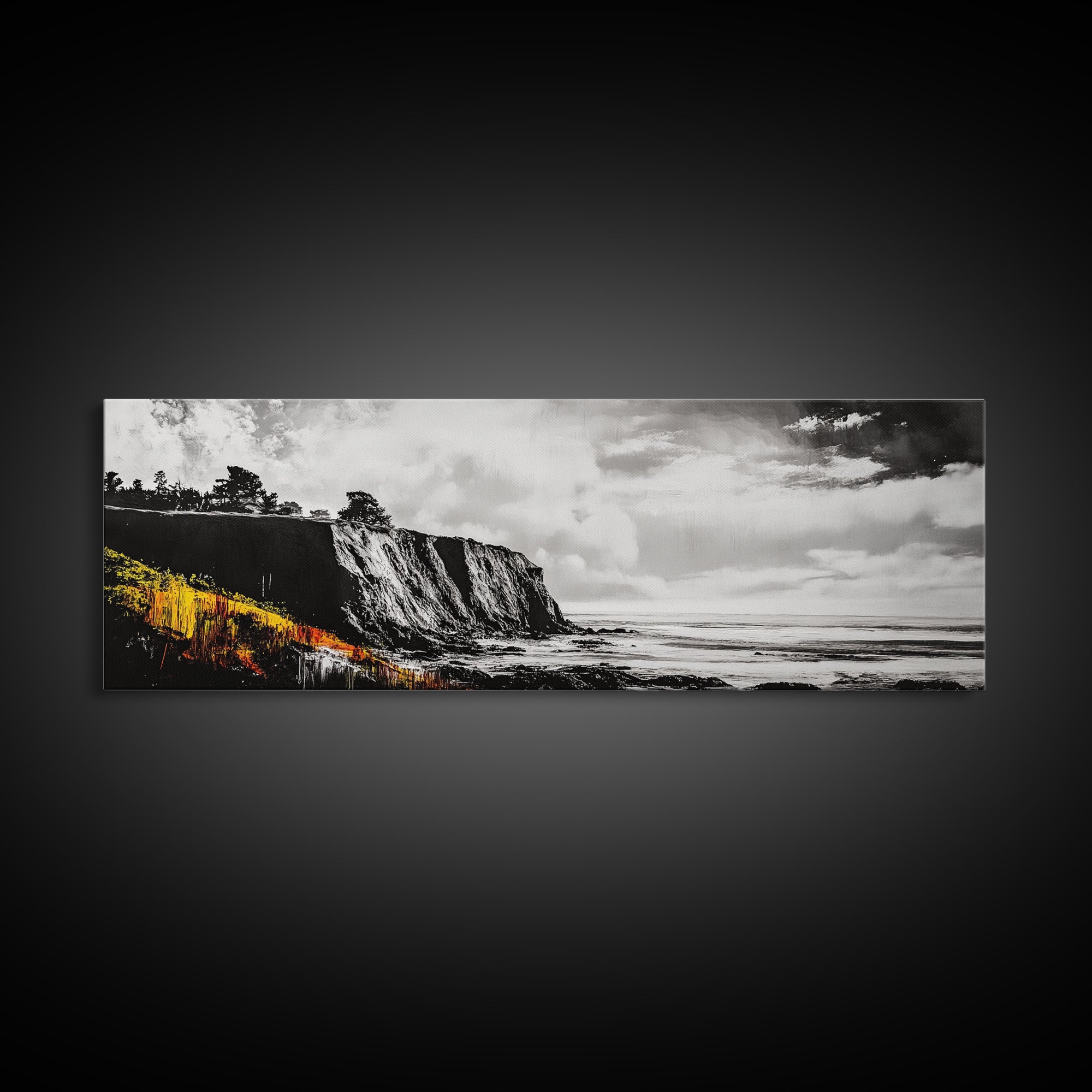 Coastal Cliff Painting, Black and White Seascape, Ocean View Artwork, Modern Nautical Decor, Beach House Wall Art, Framed Canvas Print