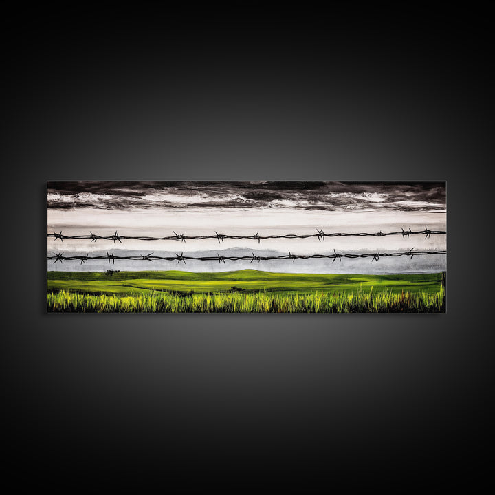 Barbed Wire Art, Rural Landscape Print, Farmhouse Wall Decor, Countryside Canvas Print, Rustic Living Room Art, Framed Canvas Print