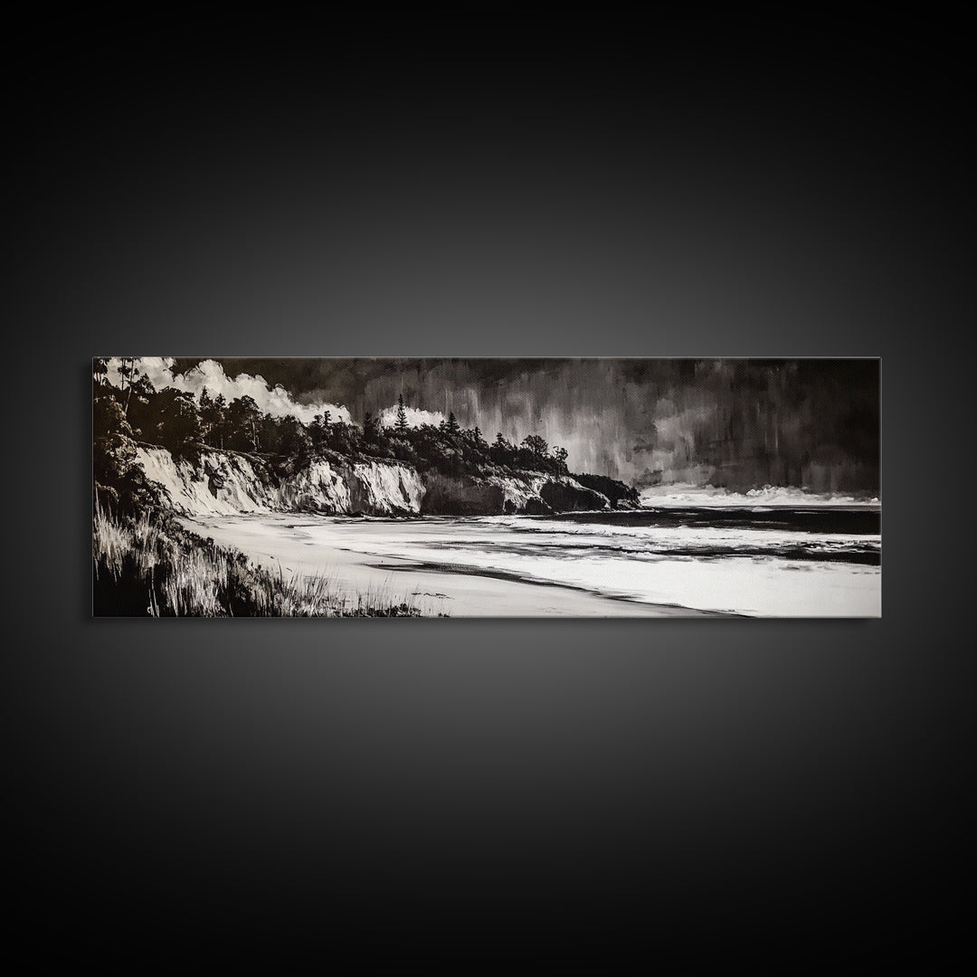 Bold Coastal Cliff, Monochrome Seascape Painting, Dramatic Nature Wall Art, Minimalist Ocean Print, Modern Home Decor, Framed Canvas Print