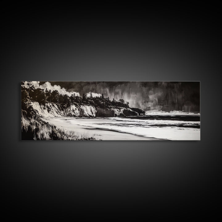 Bold Coastal Cliff, Monochrome Seascape Painting, Dramatic Nature Wall Art, Minimalist Ocean Print, Modern Home Decor, Framed Canvas Print