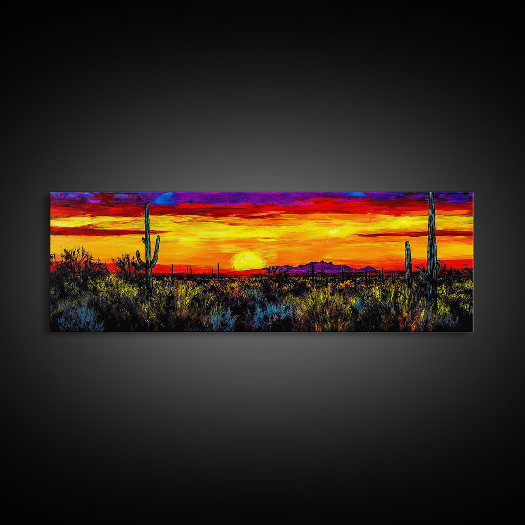 Desert Sunset Art, Vibrant Cactus Painting, Warm Boho Landscape, Southwestern Wall Decor, Bold Nature Print, Framed Canvas Print