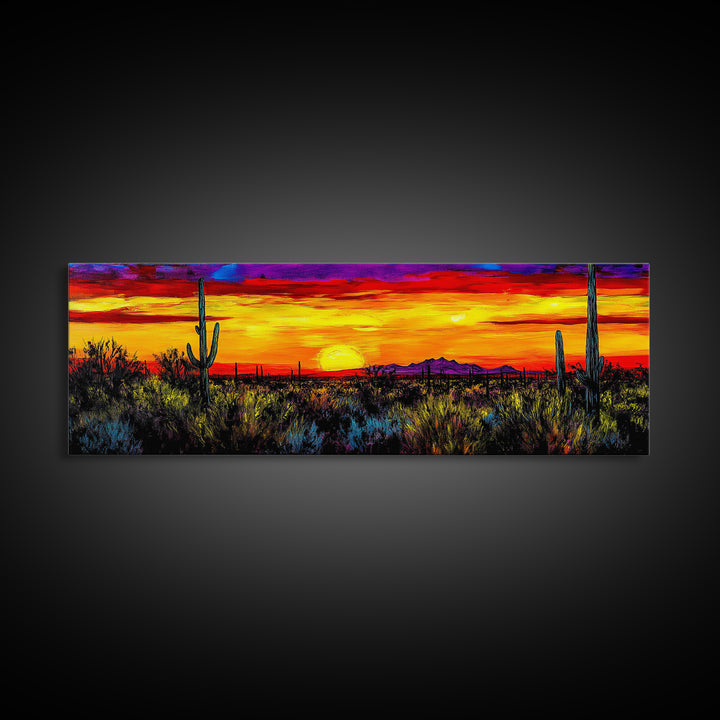 Desert Sunset Art, Vibrant Cactus Painting, Warm Boho Landscape, Southwestern Wall Decor, Bold Nature Print, Framed Canvas Print
