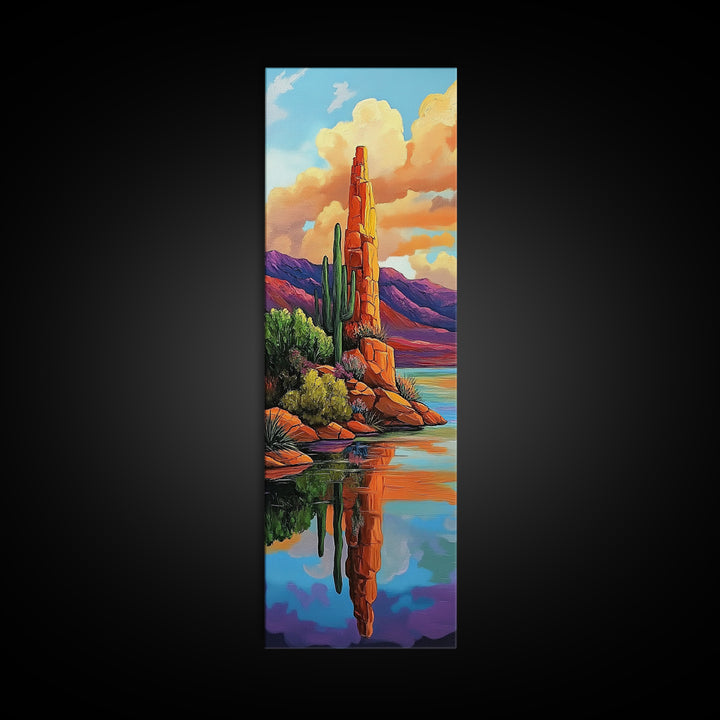Desert Cactus, Reflection Art, Framed Canvas Print, bold southwest landscape, cacti and red rock lake scene, rustic style living room wall art
