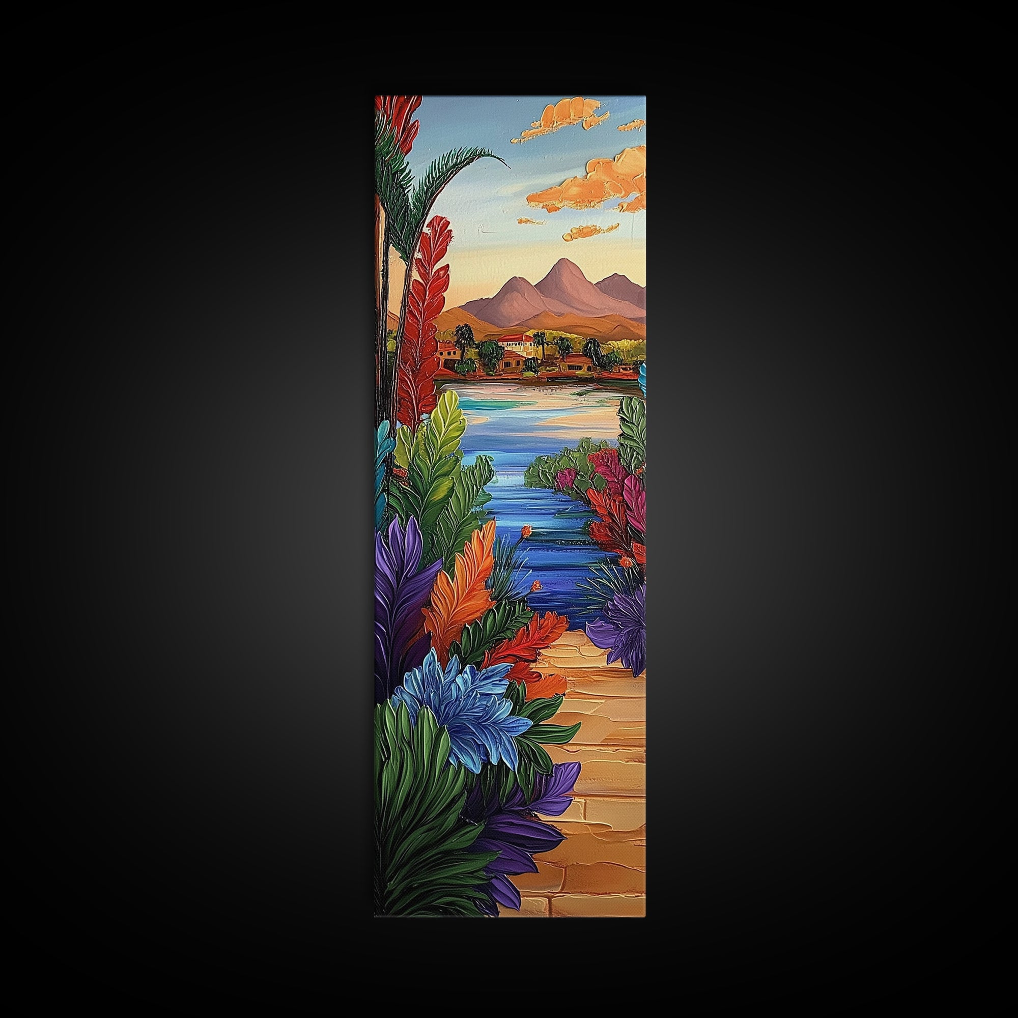 Path Garden, Village Painting, Framed Canvas Print, whimsical tropical pathway, village view, bold colorful foliage, hallway wall art, boho style