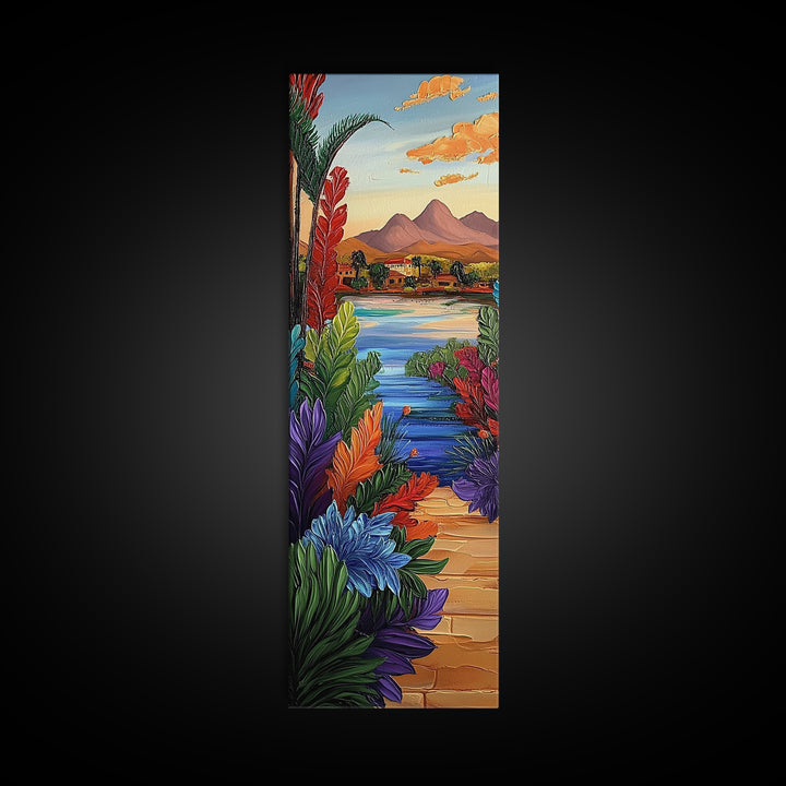 Path Garden, Village Painting, Framed Canvas Print, whimsical tropical pathway, village view, bold colorful foliage, hallway wall art, boho style