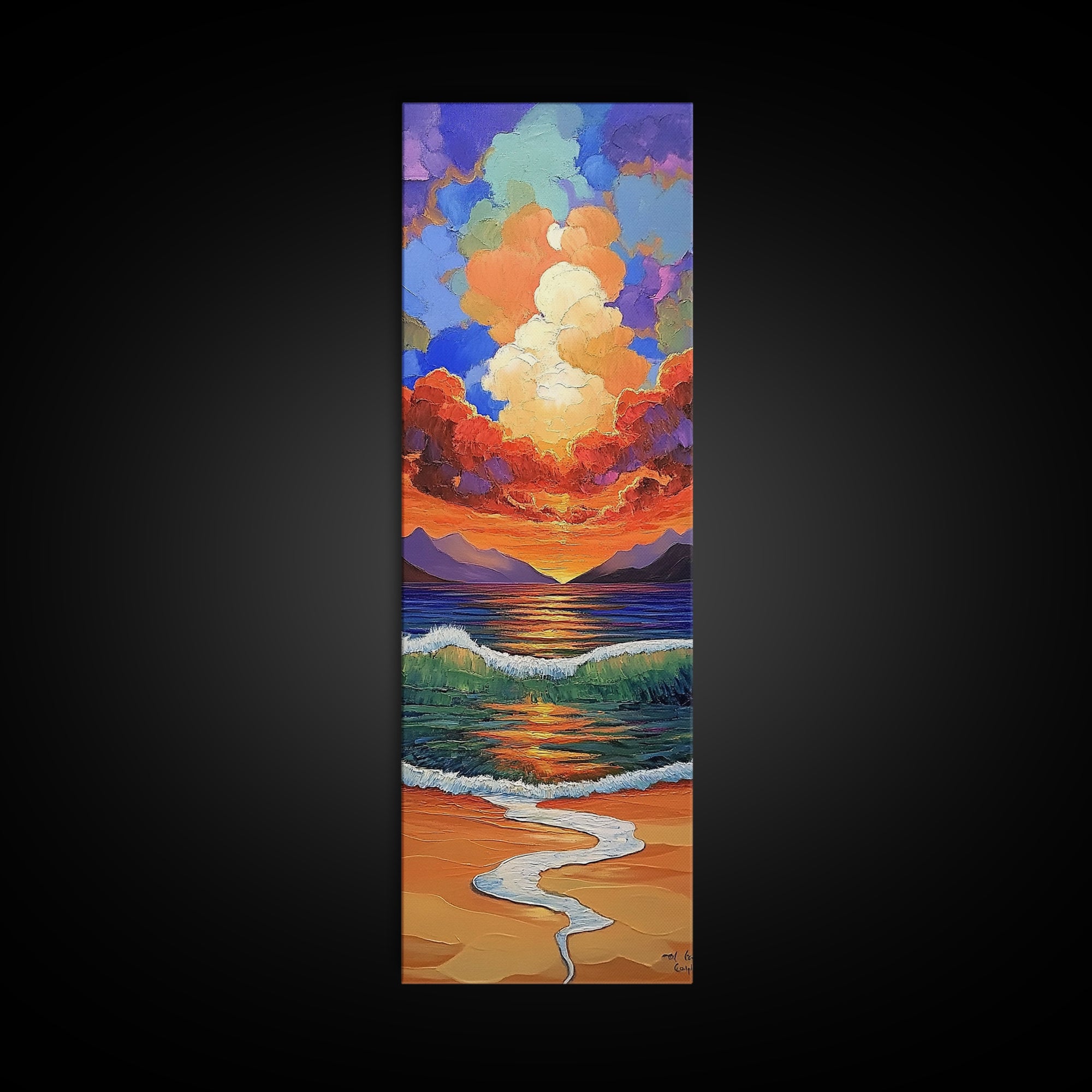 Ocean Sunset, Waves Painting, Framed Canvas Print, dramatic beach sunset, crashing waves, bold seascape, boho home decor, bathroom wall art