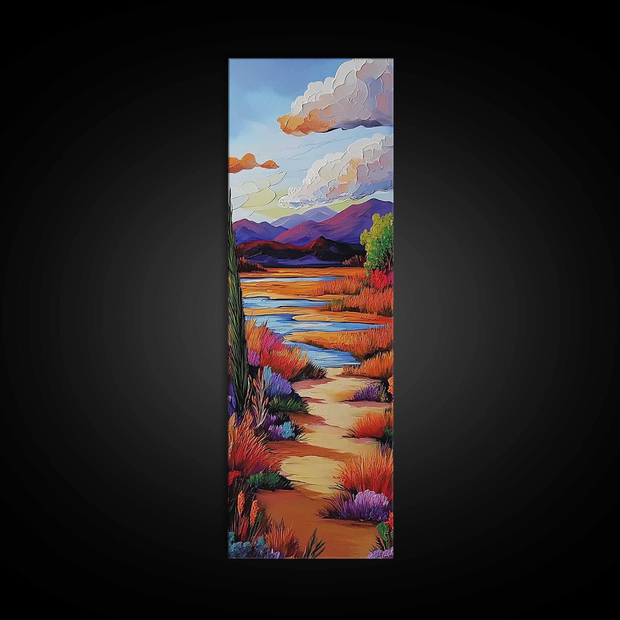Path Mountains, Autumn Meadow, Vibrant Fall trail scene Framed Canvas Print, rustic seasonal wall art, living room nature decor