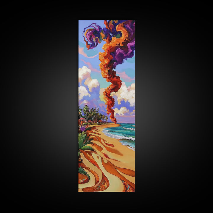 Coastal Smoke Vibes Art, Framed Canvas Print vibrant beach painting with purple and orange smoke, tropical sunset art, boho home decor