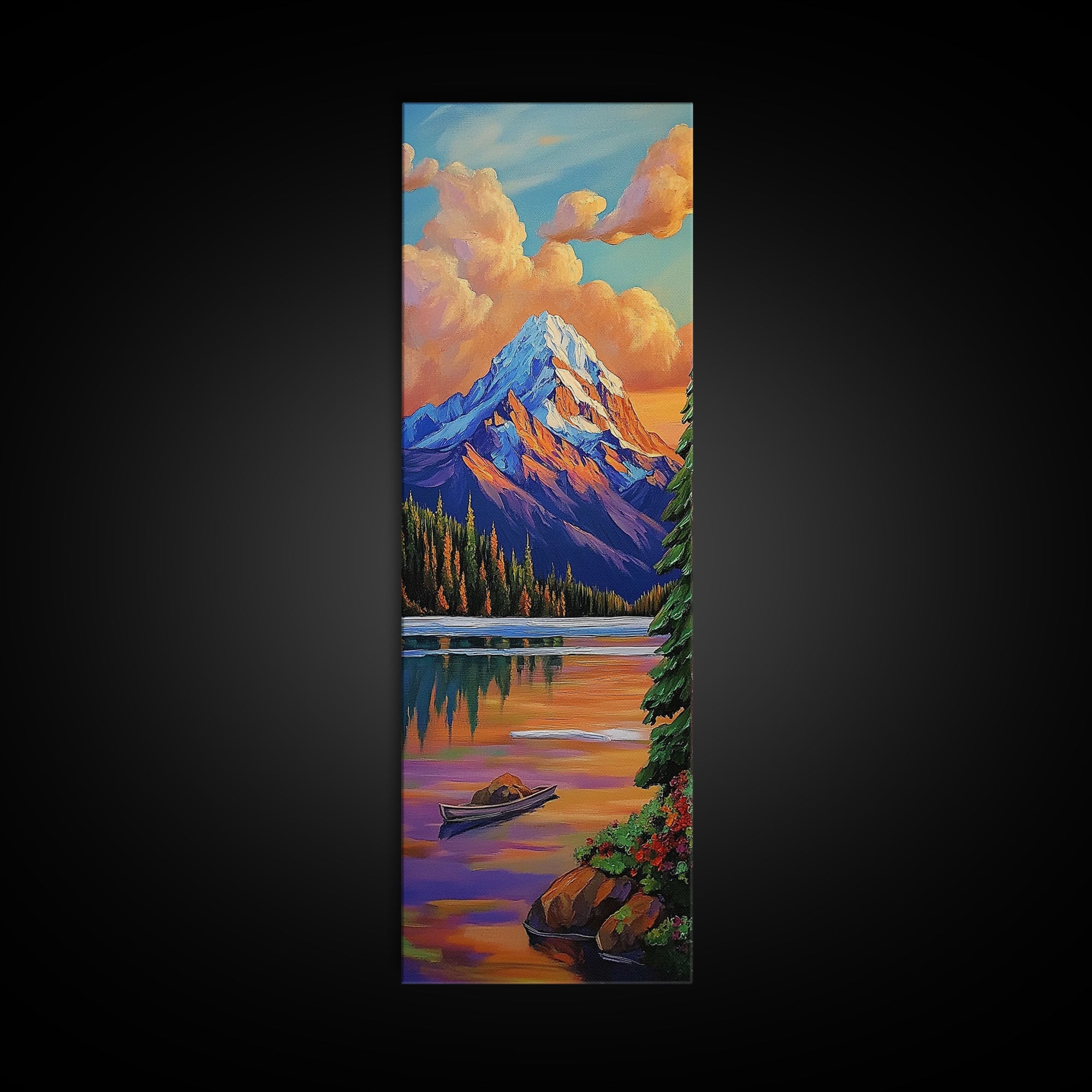 Mountain, Sunrise, Reflection, Nature Scene Framed Canvas Print, Rustic Cabin Decor, Autumn Wall Art, Living Room Mountain Landscape Painting