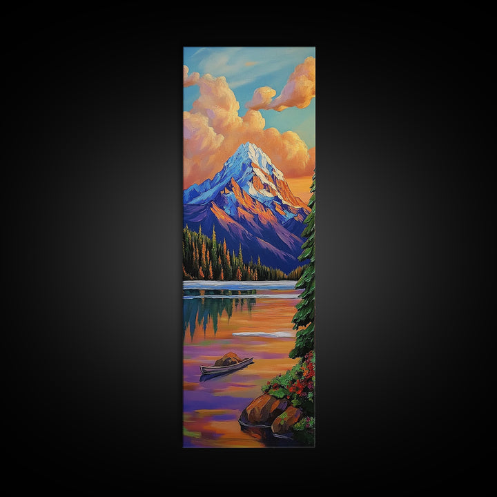 Mountain, Sunrise, Reflection, Nature Scene Framed Canvas Print, Rustic Cabin Decor, Autumn Wall Art, Living Room Mountain Landscape Painting