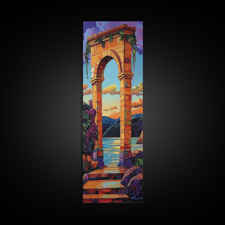Archway, Sunset, Stone Portal, Dreamscape Framed Canvas Print, Mediterranean Wall Art, Spiritual Decor, Eclectic Entryway Accent, Sunset Painting