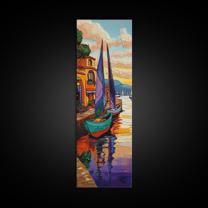 Boats, Harbor, Coastal Village, Mediterranean Scene Framed Canvas Print, Nautical Wall Decor, Vibrant Harbor Painting, Dining Room Accent Art