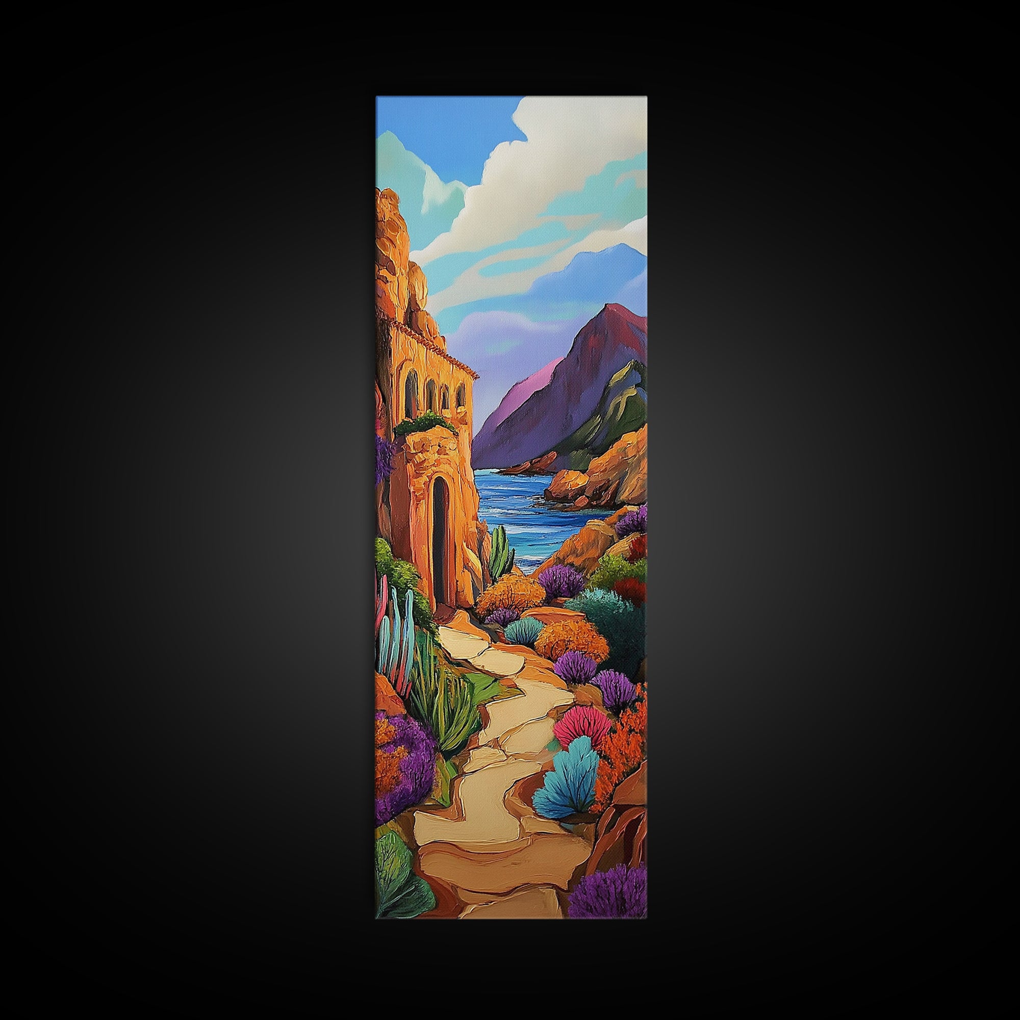 Desert, Path, Cactus, Vibes - Framed Canvas Print, Southwest Landscape Wall Art, Living Room Colorful Boho Art, Mediterranean Path Painting