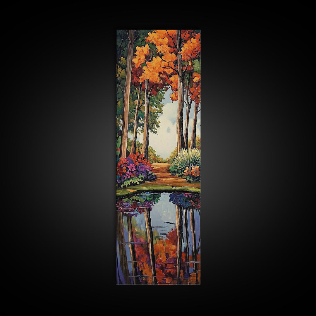 Autumn, Trees, Reflection, Forest - Framed Canvas Print, Fall Foliage Wall Art, Nature Scene Living Room Decor, Warm Seasonal Forest Painting
