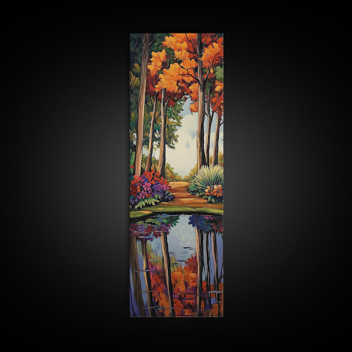 Autumn, Trees, Reflection, Forest - Framed Canvas Print, Fall Foliage Wall Art, Nature Scene Living Room Decor, Warm Seasonal Forest Painting