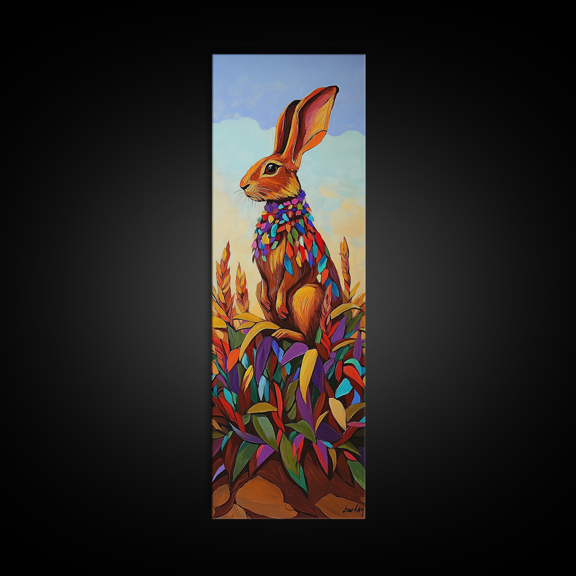 Rabbit, Autumn, Leaves, Field, Framed Canvas Print, Fall nursery wall art, woodland animal painting, whimsical harvest decor, colorful boho style