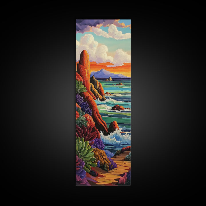 Coastal, Sunset, Seascape, Vibes, Framed Canvas Print of ocean cliffs and crashing waves, modern coastal wall art, beach house decor