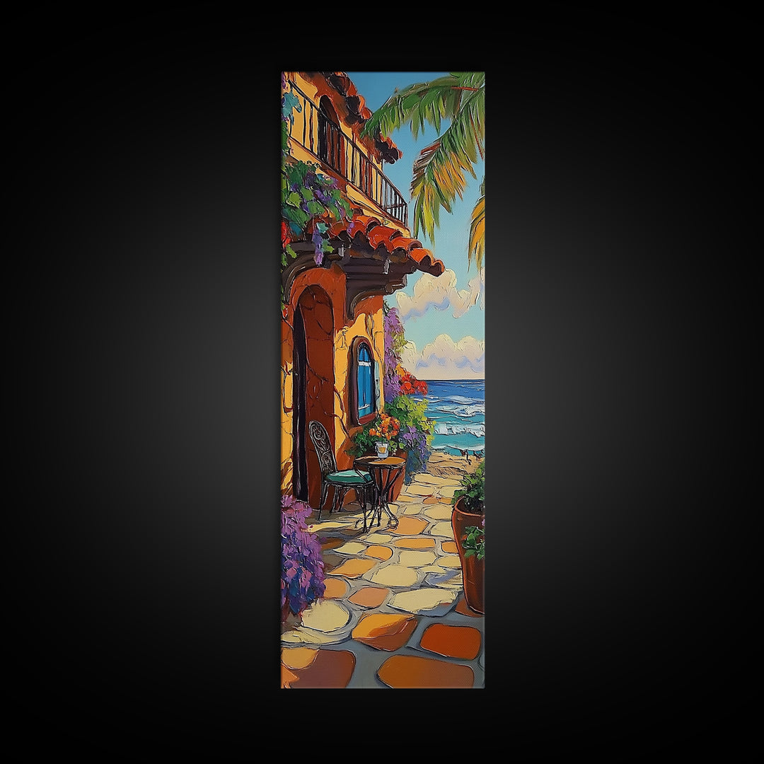 Patio, Ocean, Palm Trees, Tropical Coastal Balcony Framed Canvas Print, Boho Beach House Art, Outdoor Dining Wall Decor, Summer Vibes