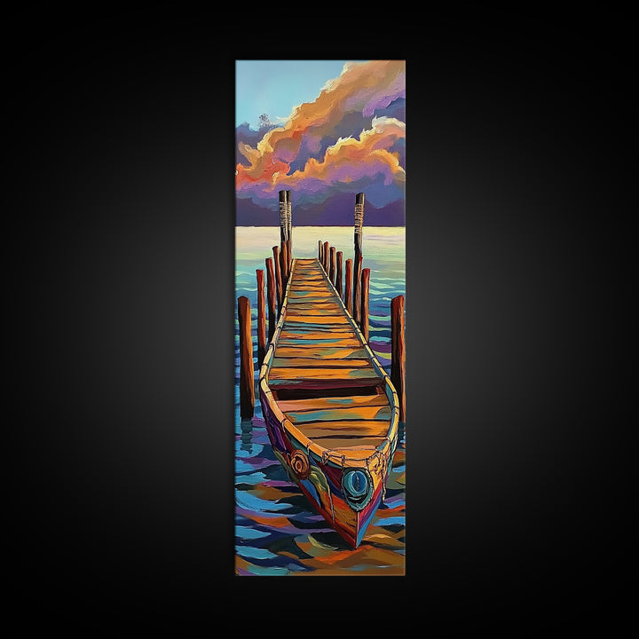 Boat, Dock, Sunset, Water, Canvas Print, Serene Nautical Wall Art, Lakehouse Decor, Minimalist Ocean Landscape, Peaceful Seascape