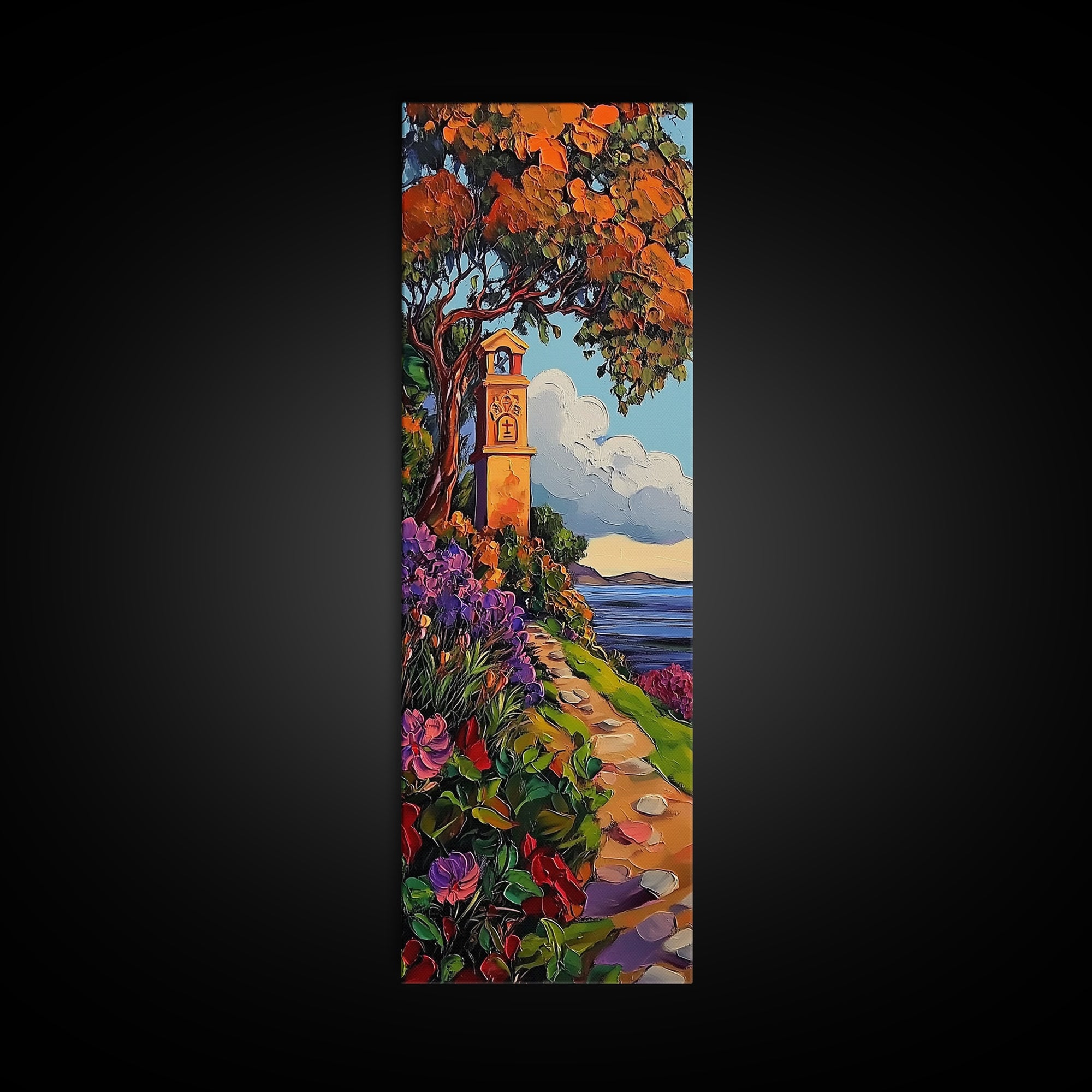 Coastal Bell Tower, Floral Pathway, Mediterranean Seaside Art, Vibrant Garden Style, Fall Home Accent, Framed Canvas Print