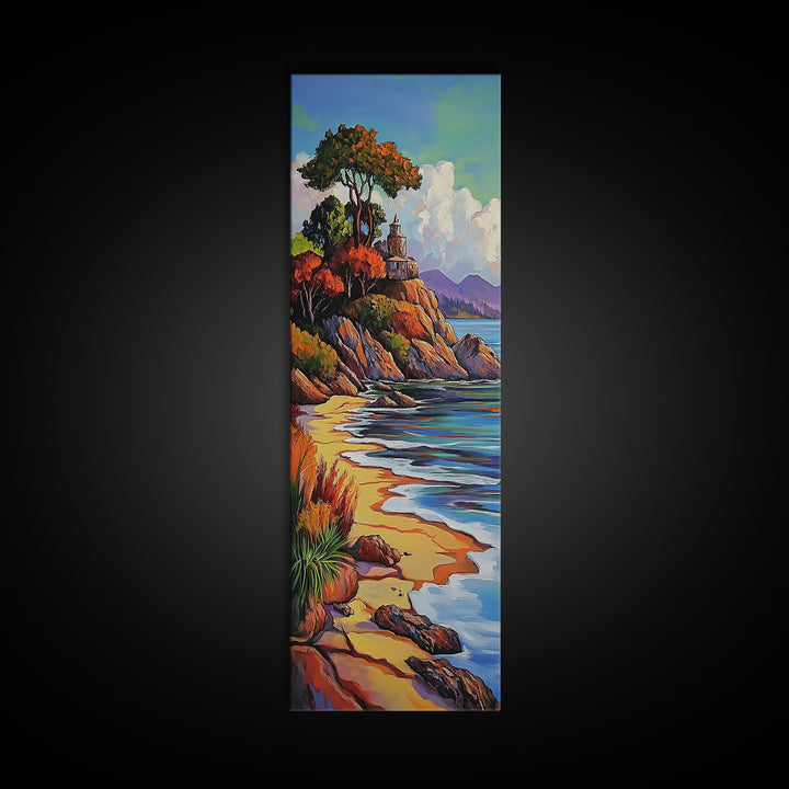 Autumn Lighthouse, Coast, Beach Sunset Landscape Framed Canvas Print, Coastal Wall Decor, Fall Living Room Art, Vibrant Nature Artwork