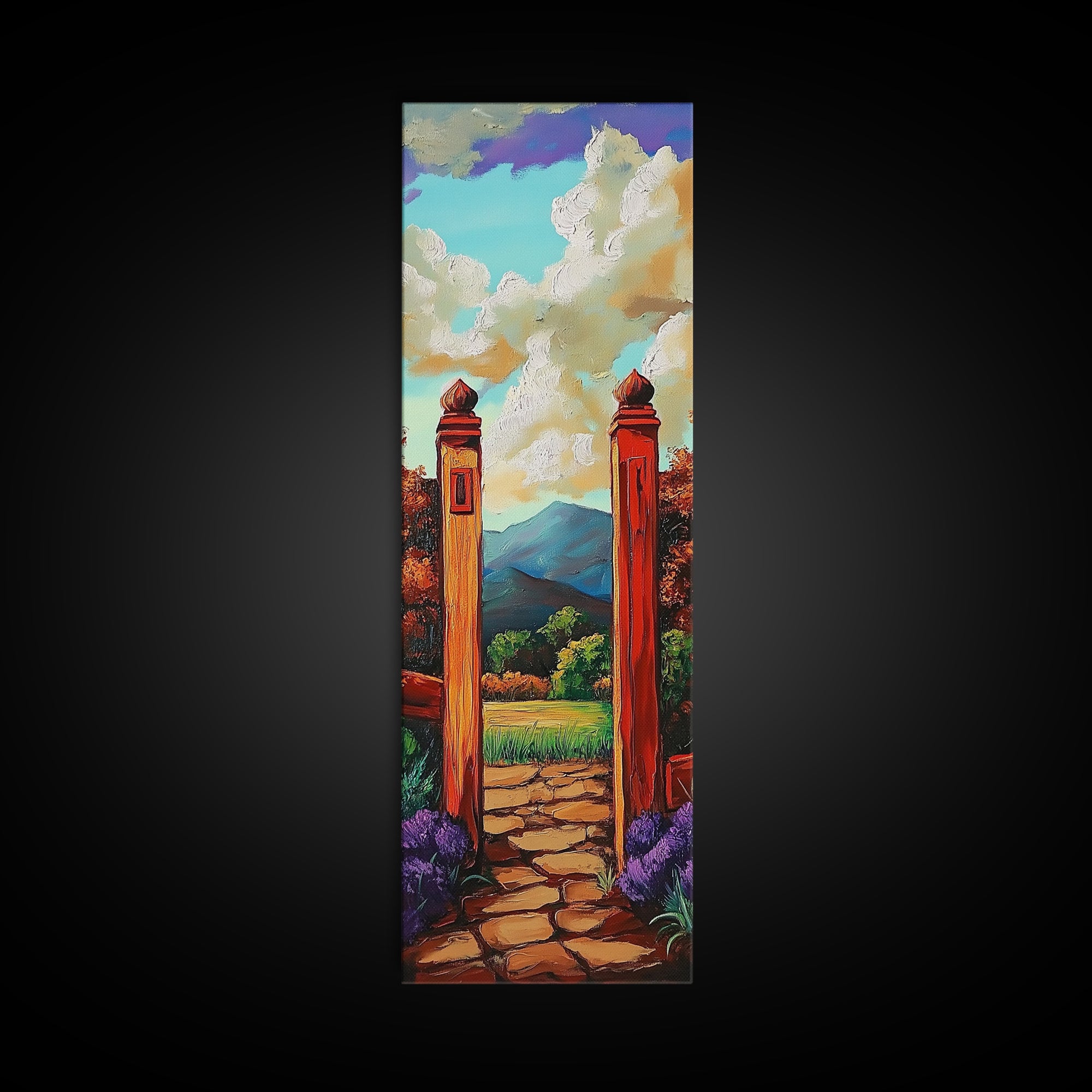 Country Gate, Meadow, Rustic Garden Landscape Framed Canvas Print, Farmhouse Wall Art, Autumn Entryway Decor, Peaceful Nature Scene