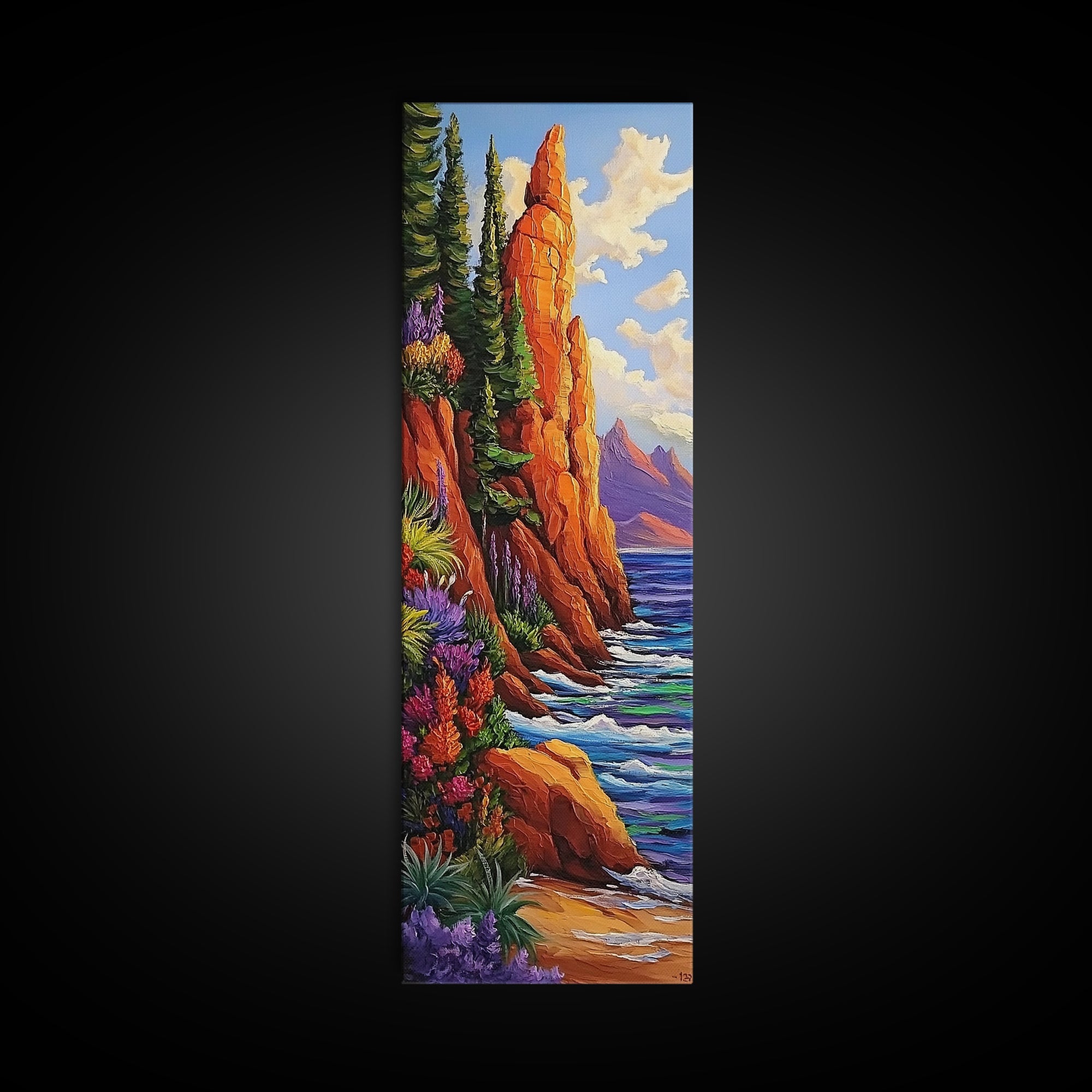 Rocky Shore, Wildflowers, Nature Trail, Framed Canvas Print, autumn coastal wall art, mountain and sea landscape, rustic home decor