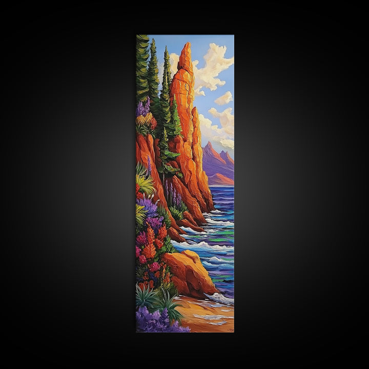 Rocky Shore, Wildflowers, Nature Trail, Framed Canvas Print, autumn coastal wall art, mountain and sea landscape, rustic home decor