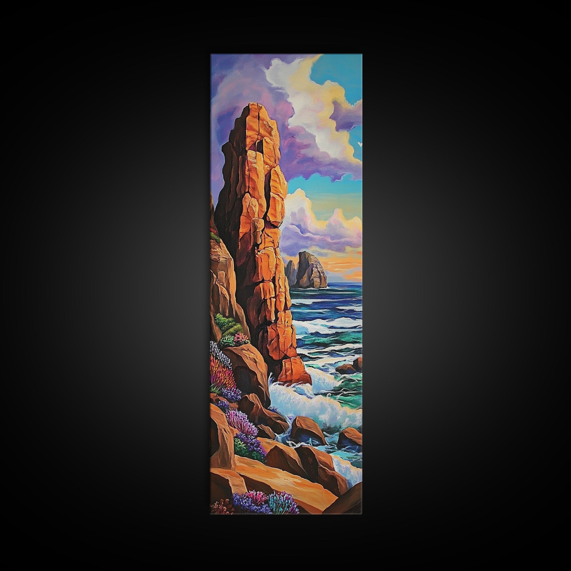 Coastal Cliffs, Ocean, Sunset, Framed Canvas Print, Bold coastal cliffs wall art, dramatic seascape beach decor, contemporary ocean painting