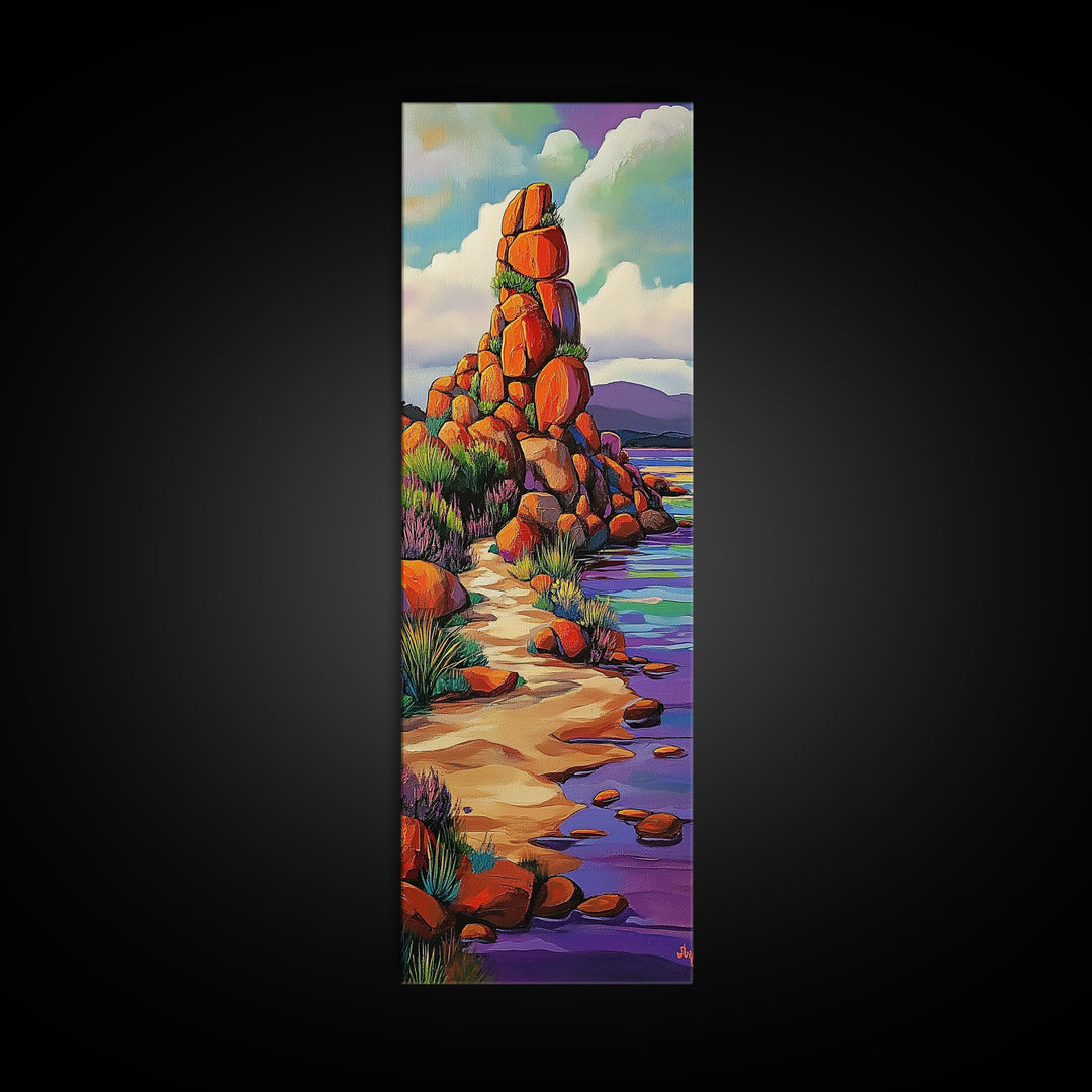 Desert Trail, Rocks, Nature, Framed Canvas Print, Desert path painting, wild rocky trail artwork, hallway decor, southwestern rustic style