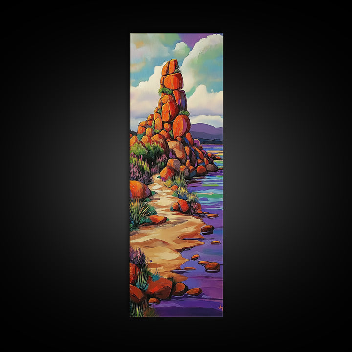 Desert Trail, Rocks, Nature, Framed Canvas Print, Desert path painting, wild rocky trail artwork, hallway decor, southwestern rustic style