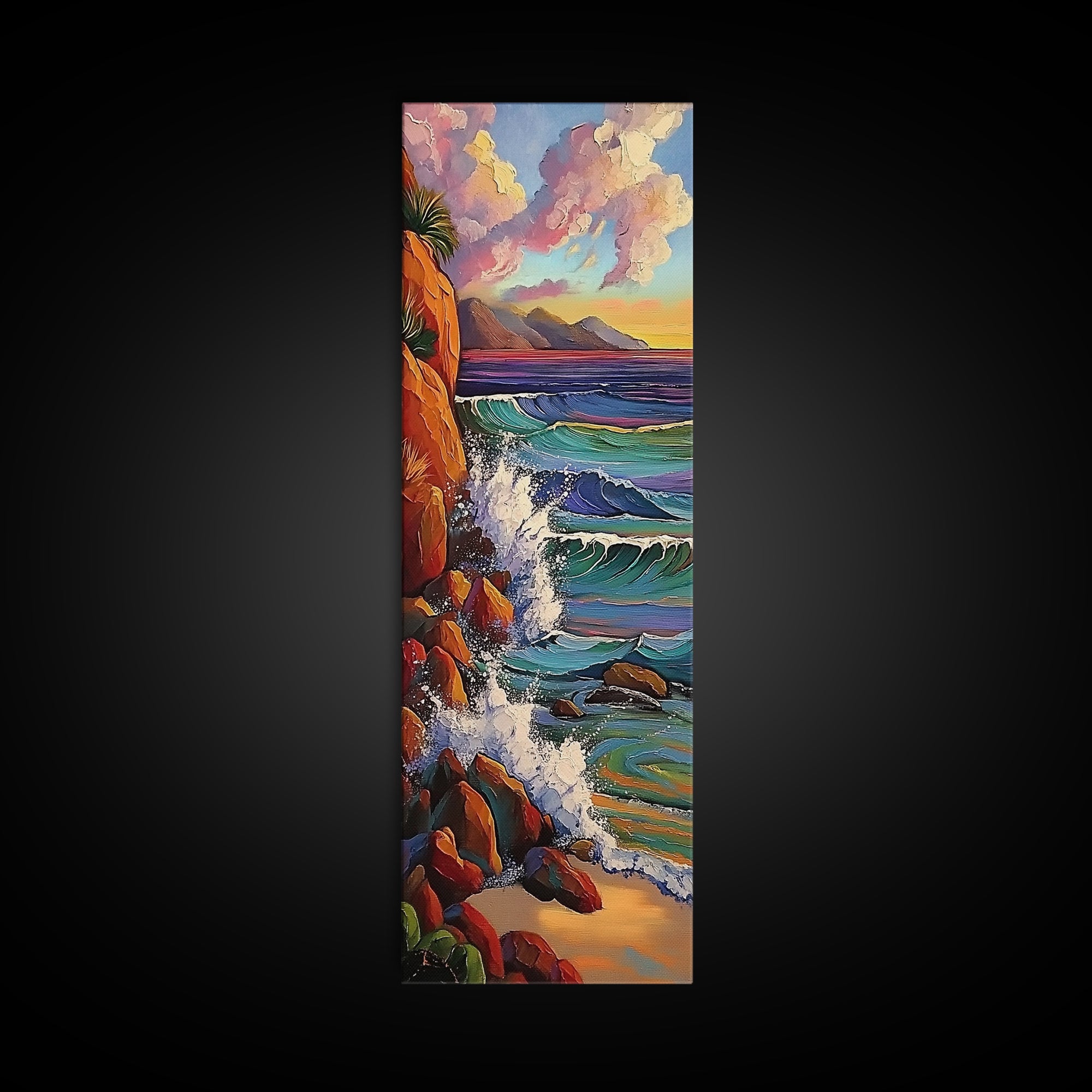Ocean Cliffs, Sunset, Trees, Framed Canvas Print, Ocean cliffs wall art, glowing sunset scene, romantic coastal decor, entryway accent