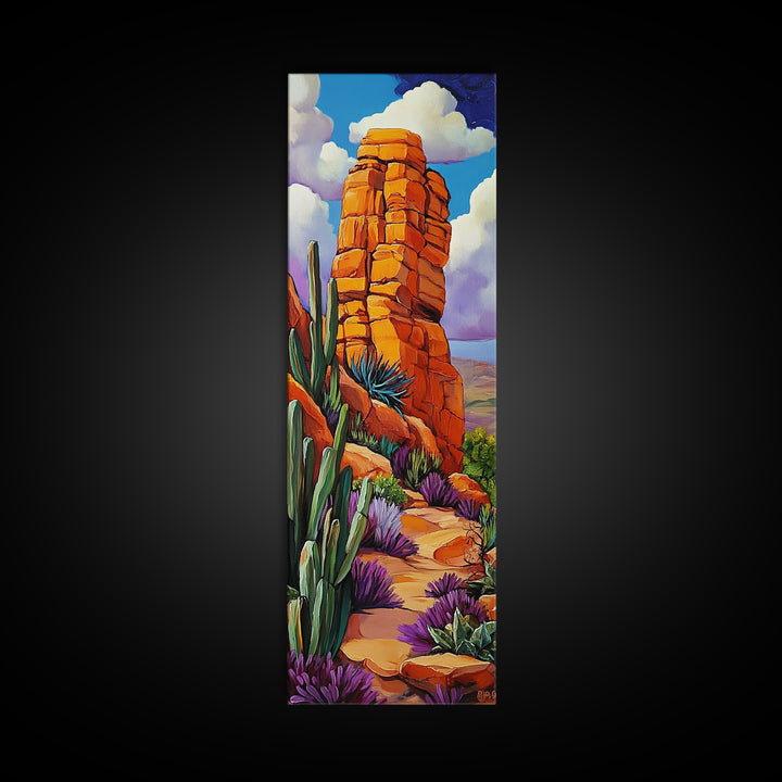 Desert Rock, Cactus, Trail – Canvas Print desert landscape art, boho western decor, rustic cactus painting, hallway wall decor, earthy tones