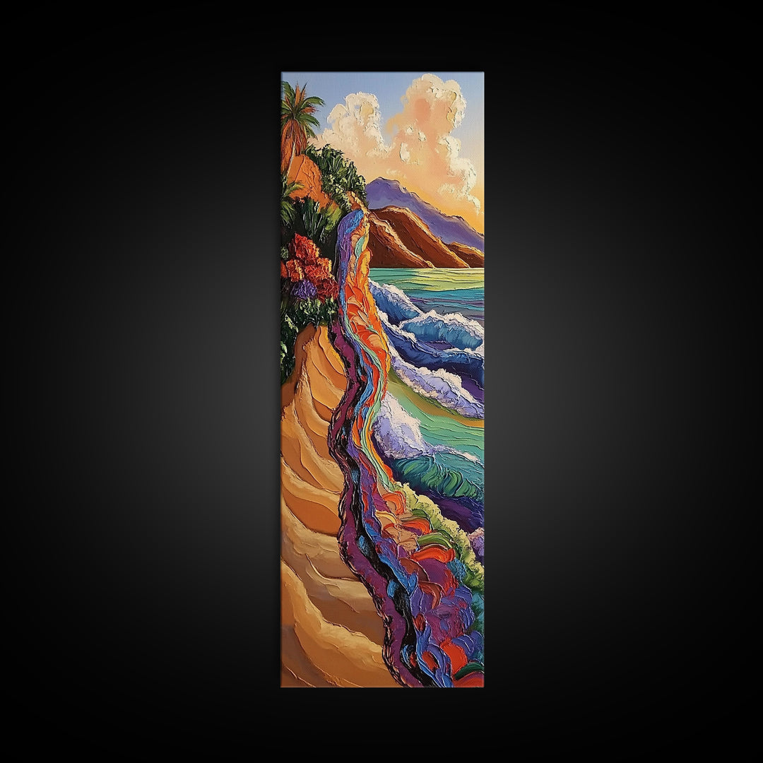 Cliffside Ocean, Rainbow, Waves – Canvas Print bold beach artwork, coastal living room art, tropical ocean scene, textured vibrant painting