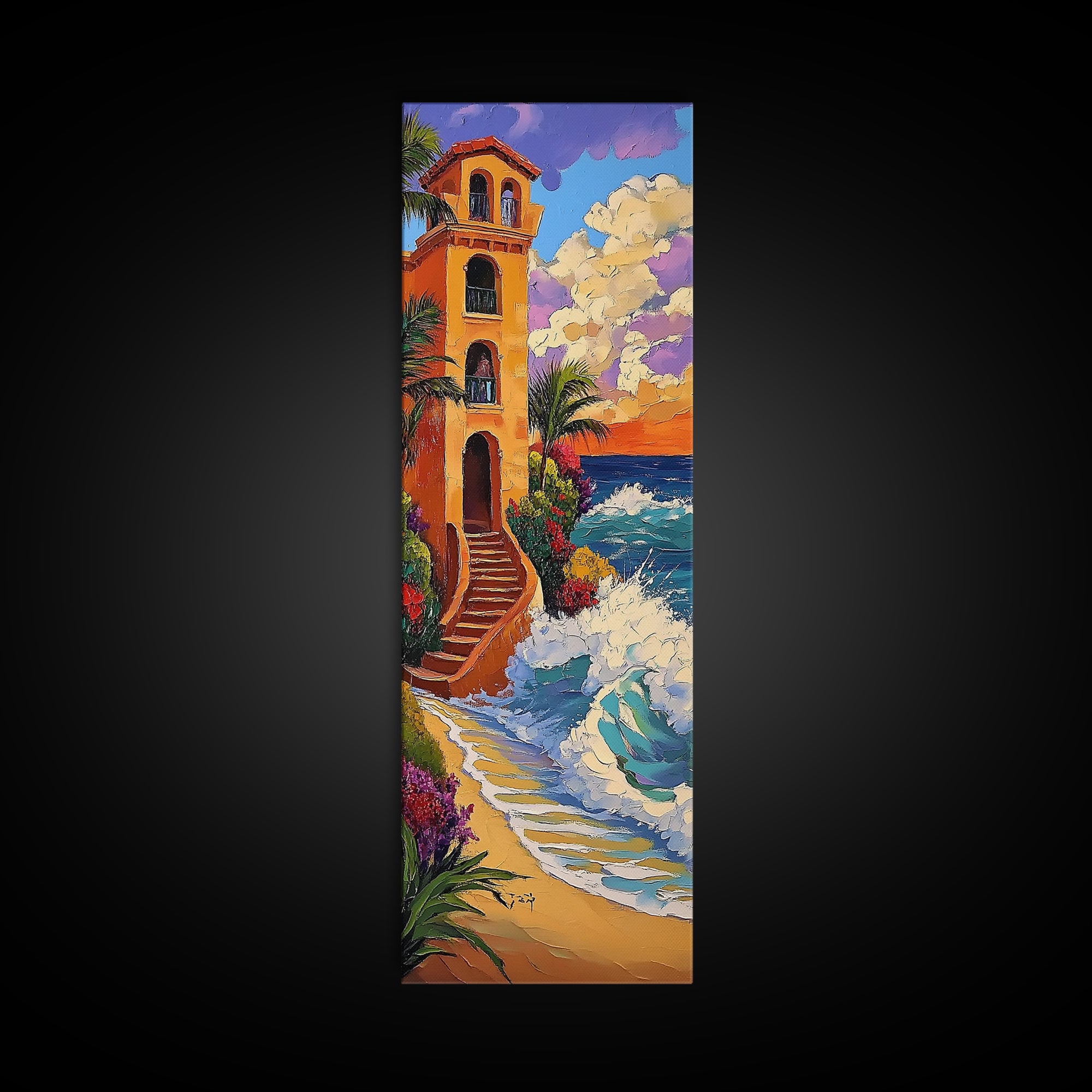 Coastal Villa, Sunset, Ocean Waves Framed Canvas Print, Mediterranean Style Wall Art, Colorful Beach Home Decor, Seaside Painting